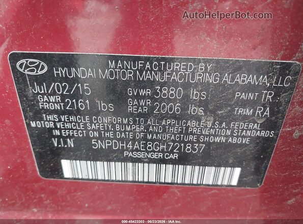 5NPDH4AE8GH721837 2016 HYUNDAI ELANTRA Red ძრავის განყოფილების ხედი