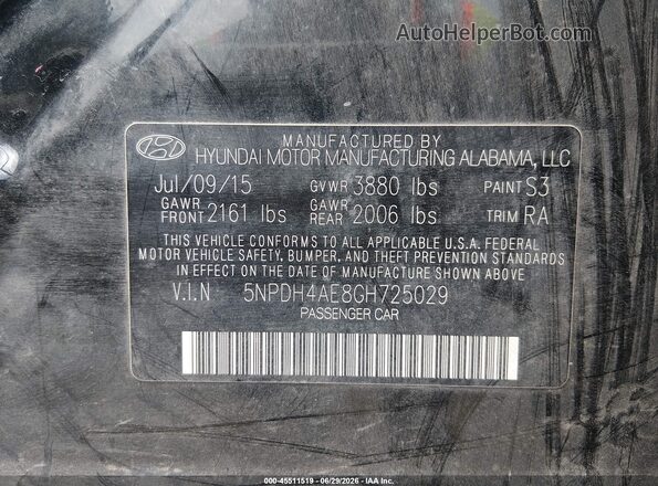 5NPDH4AE8GH725029 2016 HYUNDAI ELANTRA Black Vista del compartimento del motor