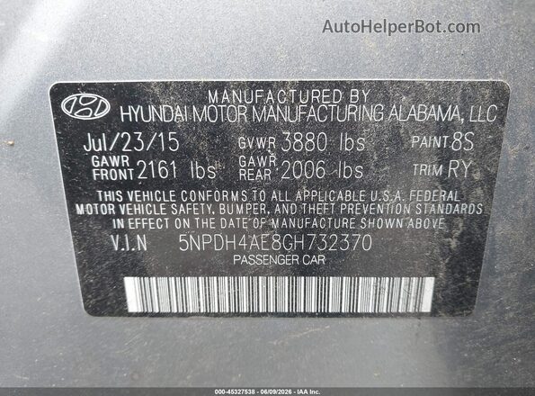 5NPDH4AE8GH732370 2016 HYUNDAI ELANTRA Silver Вид підкапотного простору