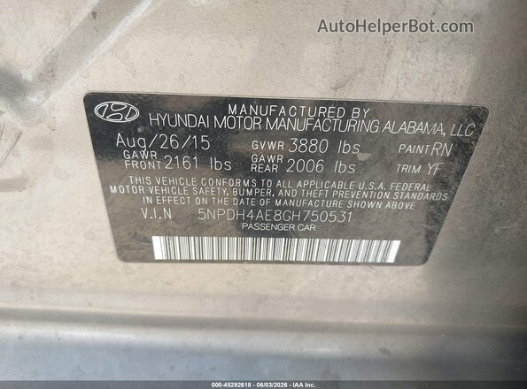 5NPDH4AE8GH750531 2016 HYUNDAI ELANTRA Gold Vista del compartimento del motor