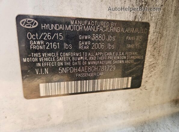 5NPDH4AE8GH781729 2016 HYUNDAI ELANTRA White Vista del compartimento del motor