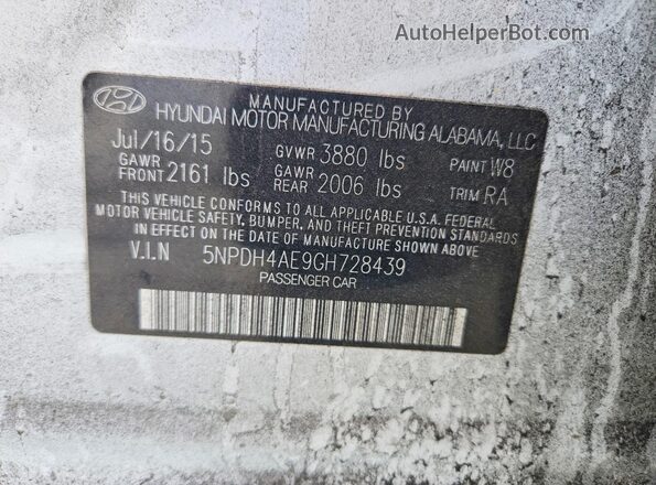 5NPDH4AE9GH728439 2016 HYUNDAI ELANTRA White 
