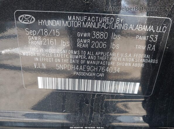 5NPDH4AE9GH764034 2016 HYUNDAI ELANTRA Black 