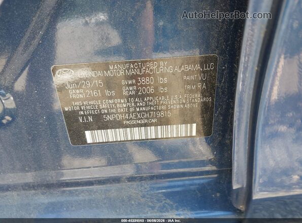 5NPDH4AEXGH719815 2016 HYUNDAI ELANTRA Blue Շարժիչի բաժամունքի տեսք