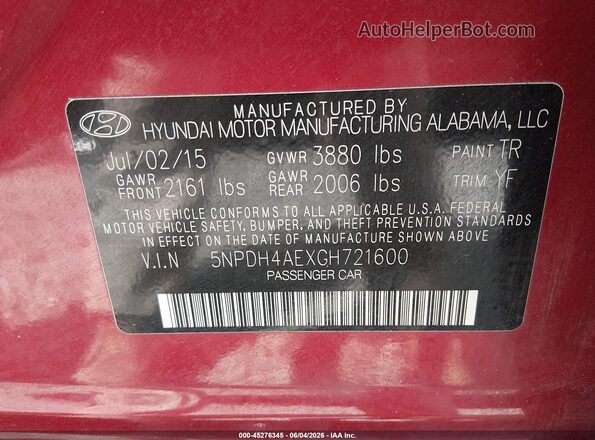 5NPDH4AEXGH721600 2016 HYUNDAI ELANTRA Red Widok komory silnika