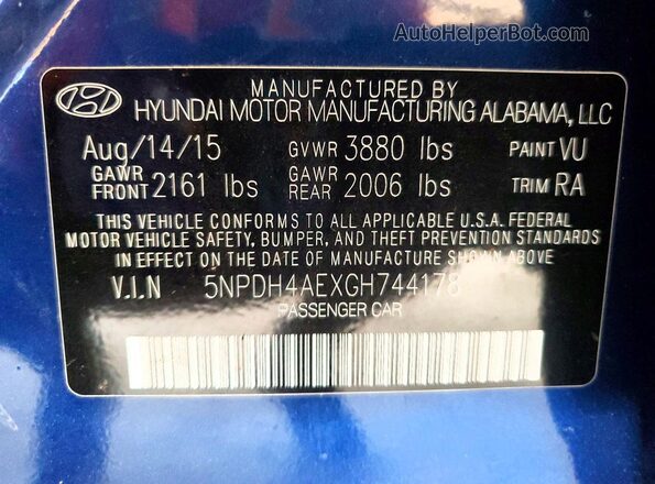 5NPDH4AEXGH744178 2016 HYUNDAI ELANTRA Blue 