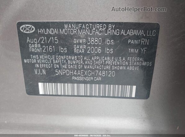 5NPDH4AEXGH748120 2016 HYUNDAI ELANTRA Gray ძრავის განყოფილების ხედი