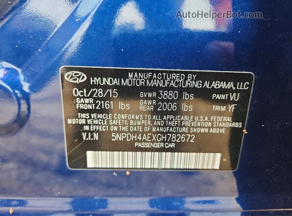 5NPDH4AEXGH782672 2016 HYUNDAI ELANTRA Blue Engine compartment view