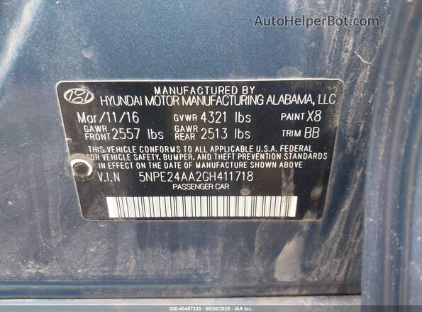 5NPE24AA2GH411718 2016 HYUNDAI SONATA Blue Widok komory silnika