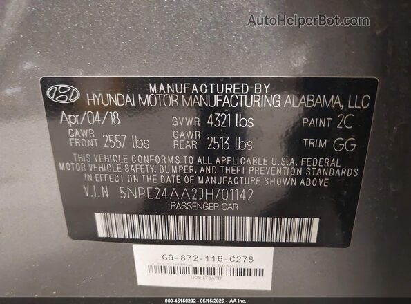 5NPE24AA2JH701142 2018 HYUNDAI SONATA Gray Vista del compartimento del motor