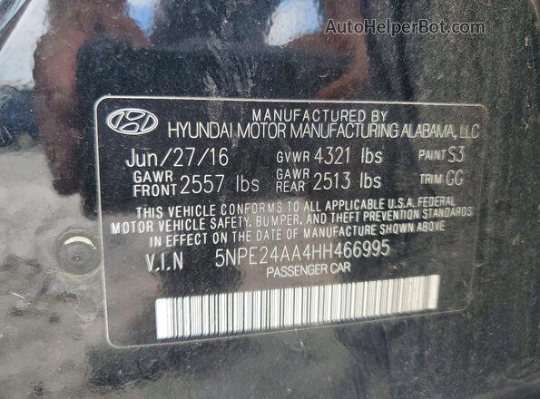 5NPE24AA4HH466995 2017 HYUNDAI SONATA Black ძრავის განყოფილების ხედი