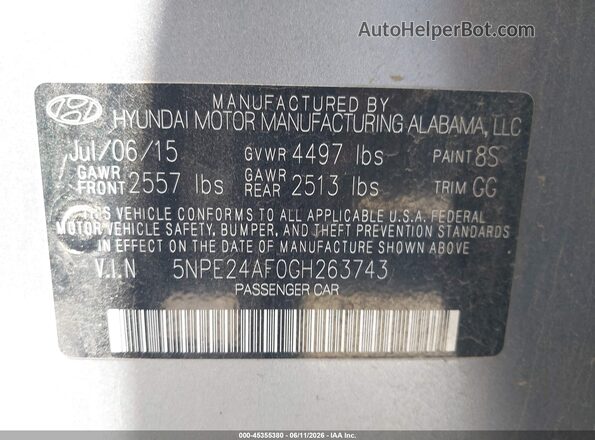 5NPE24AF0GH263743 2016 HYUNDAI SONATA Silver Engine compartment view
