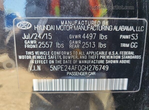 5NPE24AF0GH276749 2016 HYUNDAI SONATA Black 