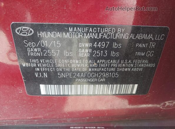 5NPE24AF0GH298105 2016 HYUNDAI SONATA Red 
