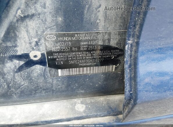5NPE24AF0GH316277 2016 HYUNDAI SONATA Blue 