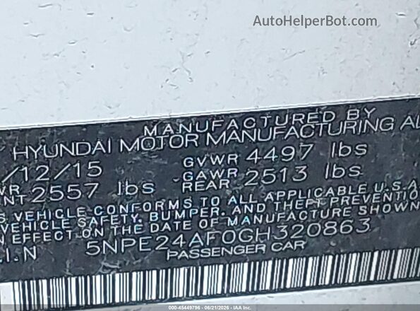 5NPE24AF0GH320863 2016 HYUNDAI SONATA White Շարժիչի բաժամունքի տեսք