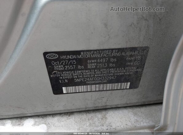 5NPE24AF0GH332947 2016 HYUNDAI SONATA Silver Widok komory silnika