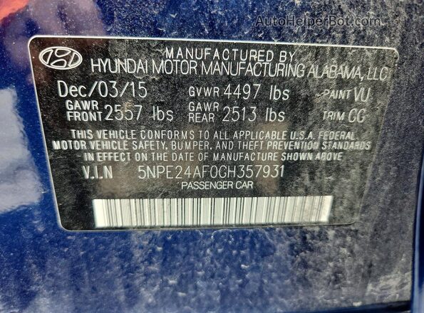 5NPE24AF0GH357931 2016 HYUNDAI SONATA Blue 