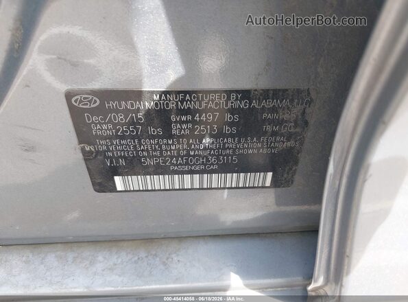 5NPE24AF0GH363115 2016 HYUNDAI SONATA Gray ძრავის განყოფილების ხედი