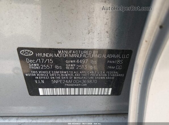 5NPE24AF0GH369870 2016 HYUNDAI SONATA Gray Vista del compartimento del motor