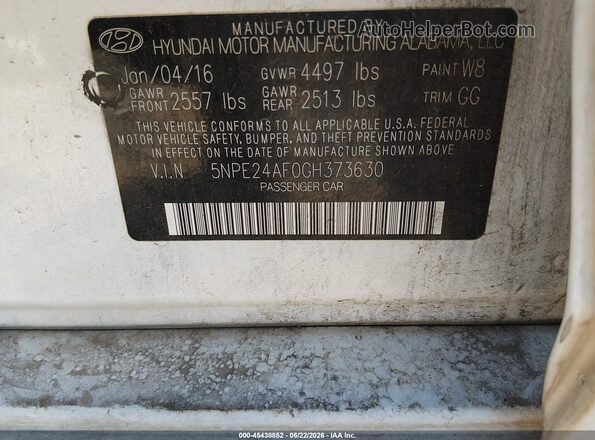 5NPE24AF0GH373630 2016 HYUNDAI SONATA White Engine compartment view