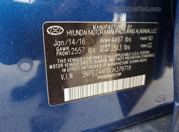 5NPE24AF0GH379718 2016 HYUNDAI SONATA Blue 