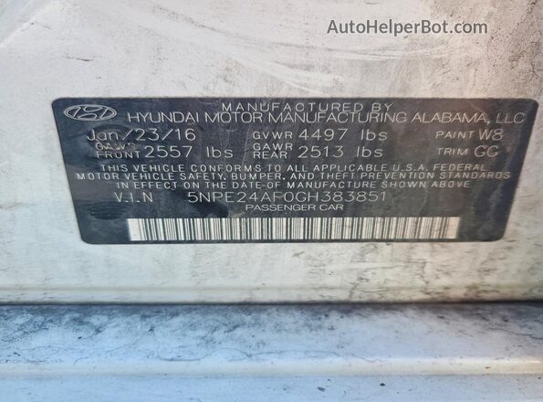 5NPE24AF0GH383851 2016 HYUNDAI SONATA White 