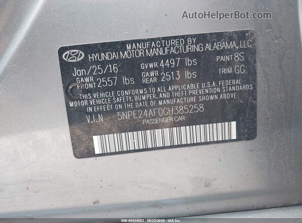 5NPE24AF0GH385258 2016 HYUNDAI SONATA Серебряный Вид подкапотного пространства