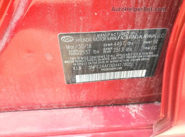 5NPE24AF0GH417805 2016 HYUNDAI SONATA Red Вид підкапотного простору
