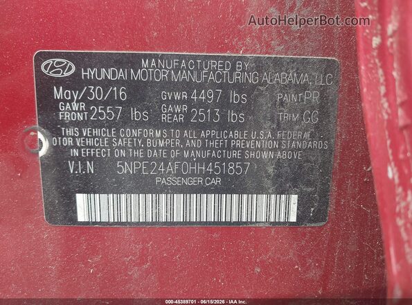 5NPE24AF0HH451857 2017 HYUNDAI SONATA Red ძრავის განყოფილების ხედი