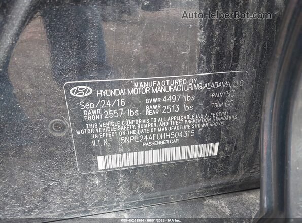 5NPE24AF0HH504315 2017 HYUNDAI SONATA Black Вид підкапотного простору
