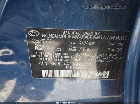 5NPE24AF0HH511345 2017 HYUNDAI SONATA Blue Vista del compartimento del motor