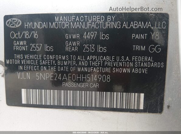 5NPE24AF0HH514908 2017 HYUNDAI SONATA Light Blue Вид підкапотного простору