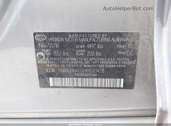 5NPE24AF0HH530428 2017 HYUNDAI SONATA Серебряный Вид подкапотного пространства