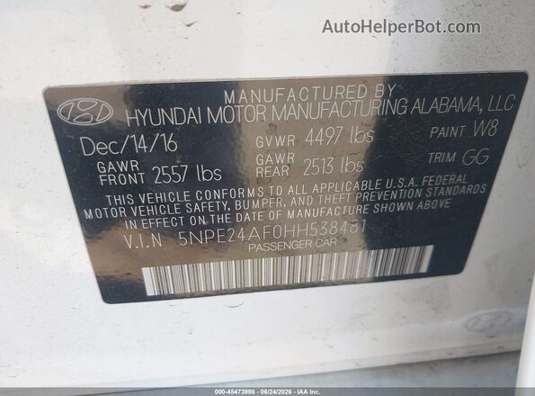 5NPE24AF0HH538481 2017 HYUNDAI SONATA White Вид підкапотного простору