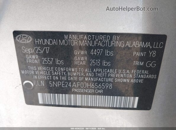 5NPE24AF0JH656598 2018 HYUNDAI SONATA Silver Вид підкапотного простору