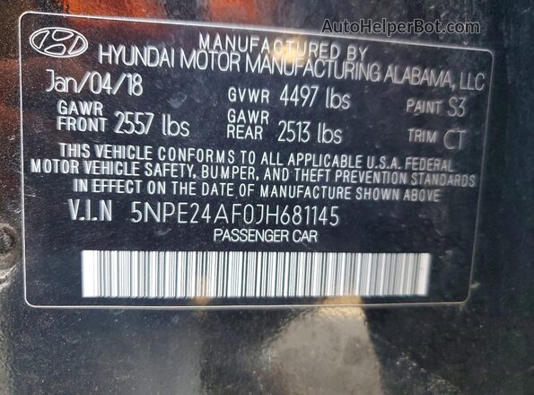 5NPE24AF0JH681145 2018 HYUNDAI SONATA Black VIN კოდის სტიკერის ხედი