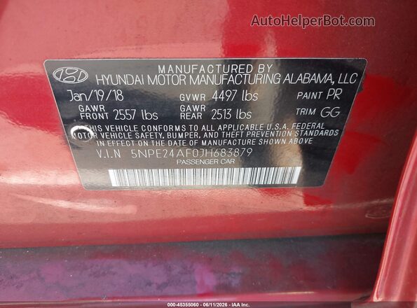 5NPE24AF0JH683879 2018 HYUNDAI SONATA Red Engine compartment view