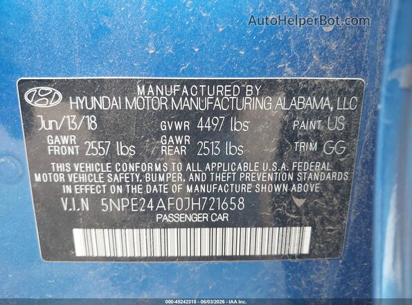 5NPE24AF0JH721658 2018 HYUNDAI SONATA Blue Engine compartment view
