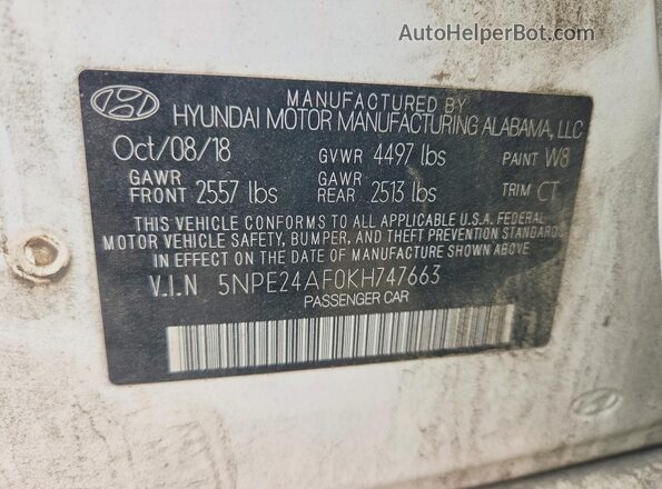 5NPE24AF0KH747663 2019 HYUNDAI SONATA White 