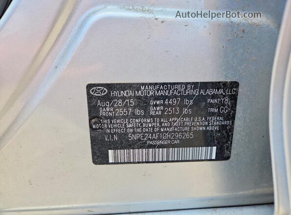 5NPE24AF1GH296265 2016 HYUNDAI SONATA Silver Vista del compartimento del motor
