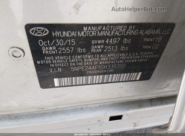 5NPE24AF1GH335310 2016 HYUNDAI SONATA Серебряный 