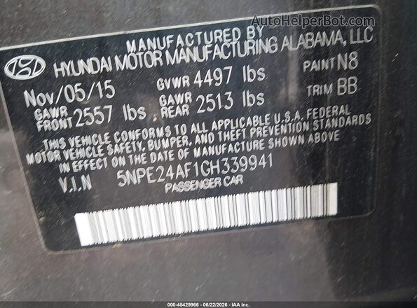 5NPE24AF1GH339941 2016 HYUNDAI SONATA Brown Vista del compartimento del motor