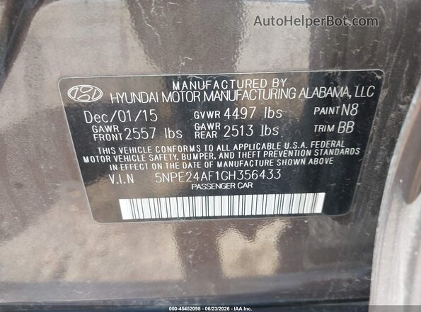 5NPE24AF1GH356433 2016 HYUNDAI SONATA Gray Շարժիչի բաժամունքի տեսք
