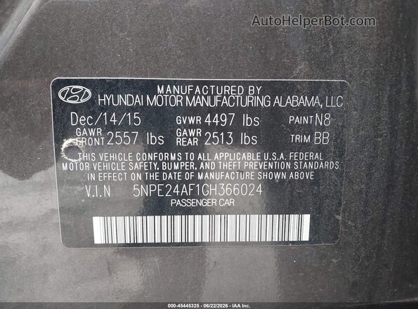 5NPE24AF1GH366024 2016 HYUNDAI SONATA Gray Շարժիչի բաժամունքի տեսք