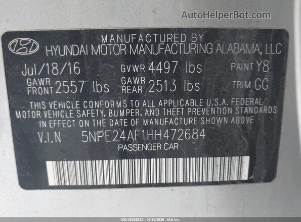 5NPE24AF1HH472684 2017 HYUNDAI SONATA Silver ძრავის განყოფილების ხედი