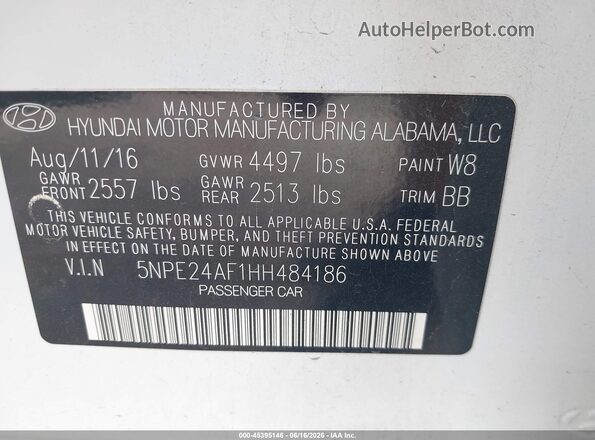 5NPE24AF1HH484186 2017 HYUNDAI SONATA White 