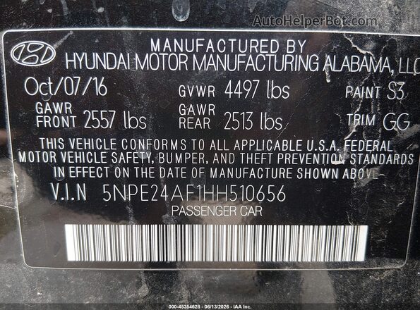5NPE24AF1HH510656 2017 HYUNDAI SONATA Black Вид підкапотного простору