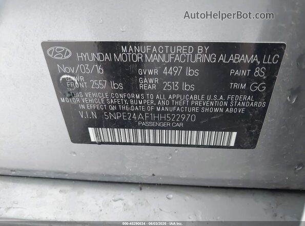 5NPE24AF1HH522970 2017 HYUNDAI SONATA Silver Engine compartment view