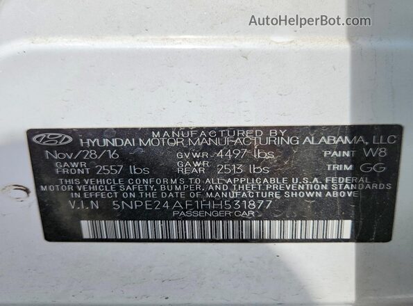 5NPE24AF1HH531877 2017 HYUNDAI SONATA White Вид наклейки з VIN-кодом